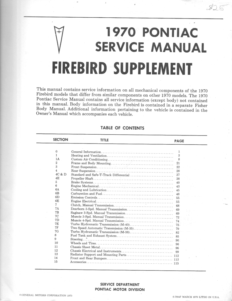 1970 Pontiac Firebird Factory Repair Shop Service Manual Supplement